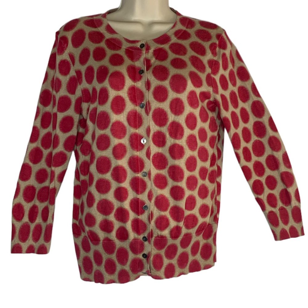Ann Taylor LOFT  Women's Cardigan Sweater Beige With Fuchsia Polka Dot Size M